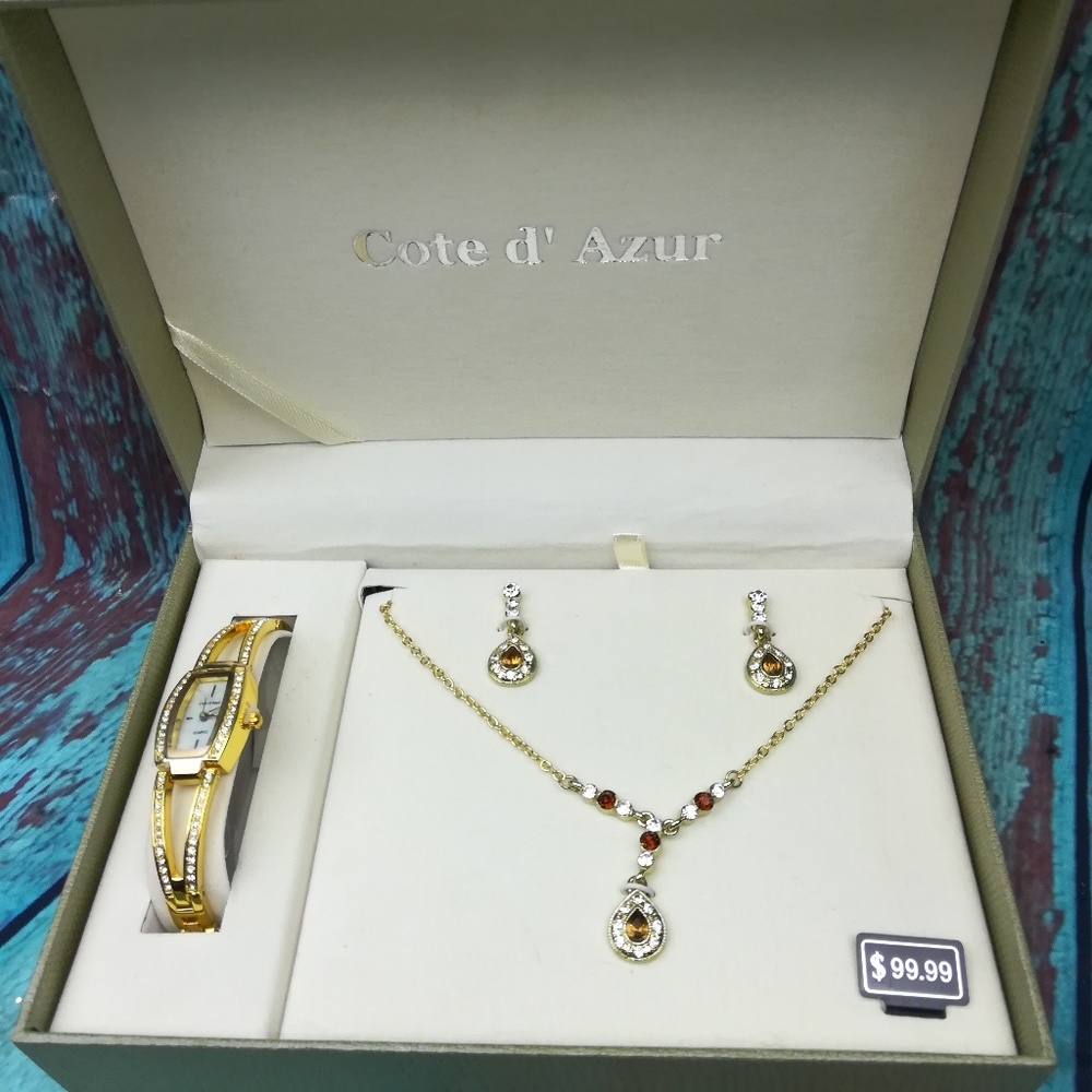 Ellegant Cote d'Azur gold tone jewelry watch set